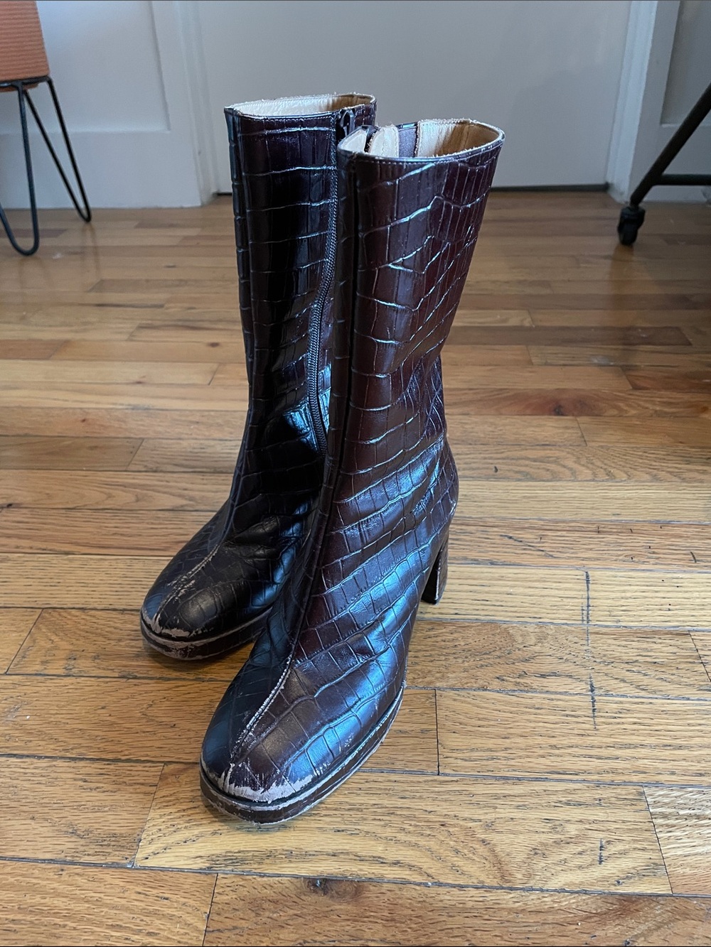 Miista Dark Brown Croc-Embossed Block Heel Ankle Boots